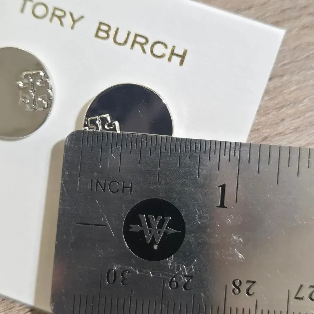 NEW Tory Burch Serif Stripe Disc Stud Earrings Silver Double T Logo - Picture 5 of 5